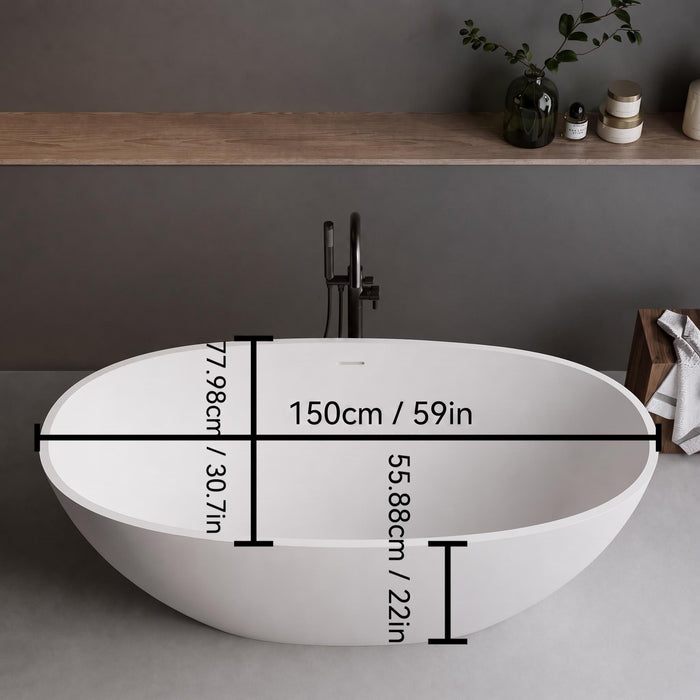 Solid Surface Matte Tub, Solid Surface Soaking Tub, Stone Resin Freestanding Bathtub, Thick Edge Stand Alone Tubs With Overflow, Pop-Up Drain (Oval) - Matte White