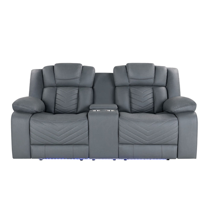 Raize - 10 Power Console Reclining Loveseat With LED And Immersive Sound - Gray