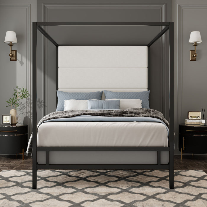 Canopy Bed With Tall Upholstered Headboard, 4 Poster Frame
