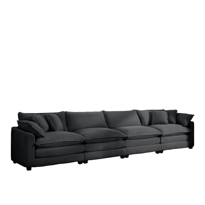 Modern Upholstered 4 Seater Corduroy Fabric Sofa With Arm And Throw Pillows