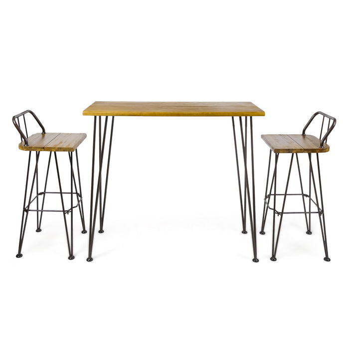 Dione Outdoor Industrial Acacia Wood Bar Set With Metal Frame And Slat Paneling - Brown