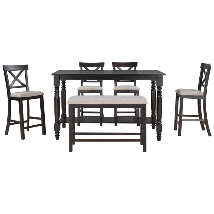 Counter Height Dining Set With Shelf, 4 Chairs And Bench