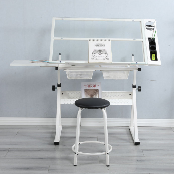 Adjustable Tempered Glass Drafting Printing Table With Chair