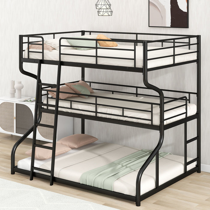 Industrial Triple Bunk Bed With Dual Ladders Frame, Space Saving Design