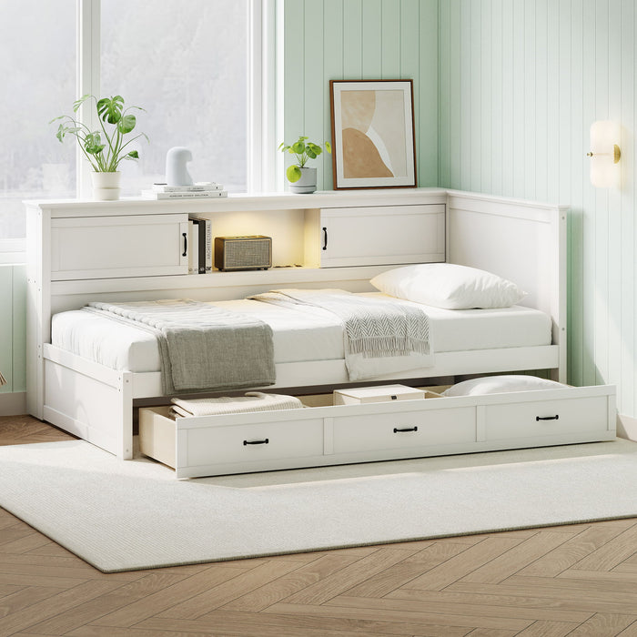 Twin Size L - Shaped Captain Bed With Drawer And Bookcase, LED Downlight And USB Charging Station - White