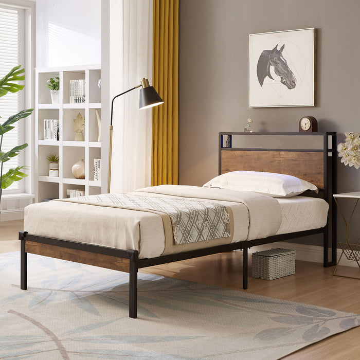 Platform Bed Frame With Wooden Headboard And Footboard, USB Liner