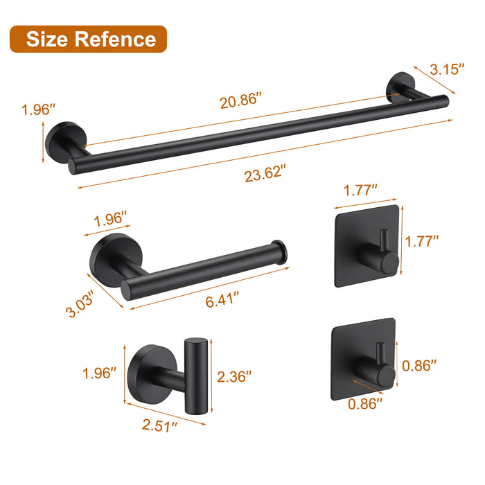 Bathroom Hardware Set Stainless Steel With Towel Bar, Paper Holder, And Hooks - Matte Black