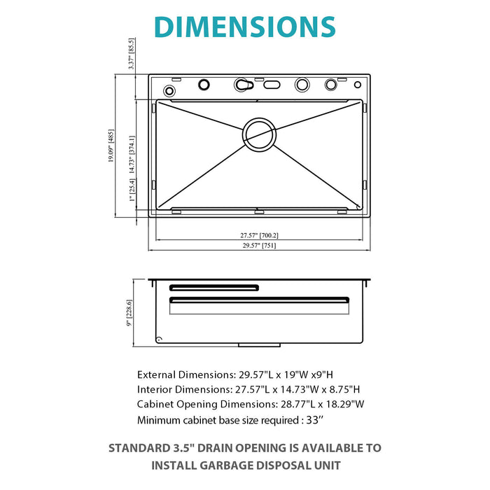 30" Single Bowl Kitchen Sink With Smart LED Faucet