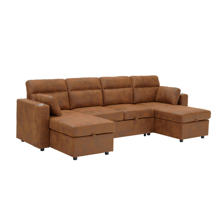 Convertible Sectional Sofa With Storage Chaise, Cup Holders And Pull Out Sleeper