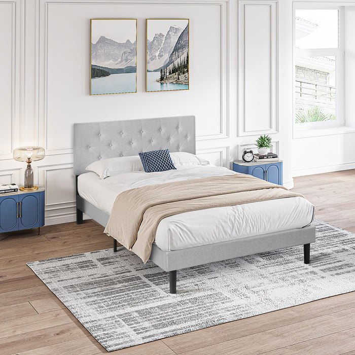 Modern Upholstered Platform Bed Frame With Button Tufted Linen Fabric Headboard