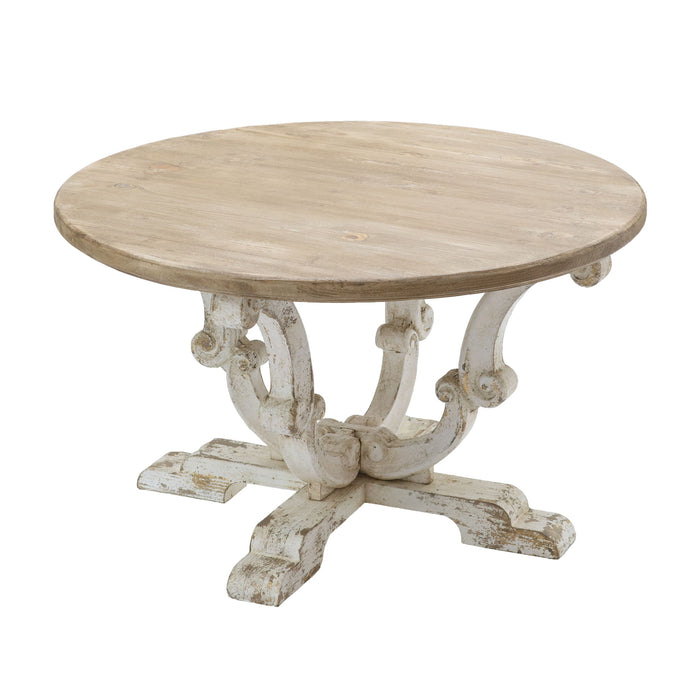 Round Wooden Coffee Table With Distressed Scrollwork Legs - Multicolor