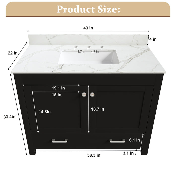 Bathroom Vanity Set, Fluted Cabinet, Soft Close Doors & Drawers, 3 Faucet Holes, Sink Included - Black