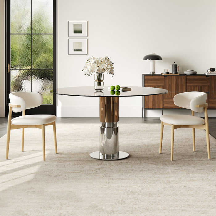 Round Glass Dining Table With Stainless Steel Legs And Chairs