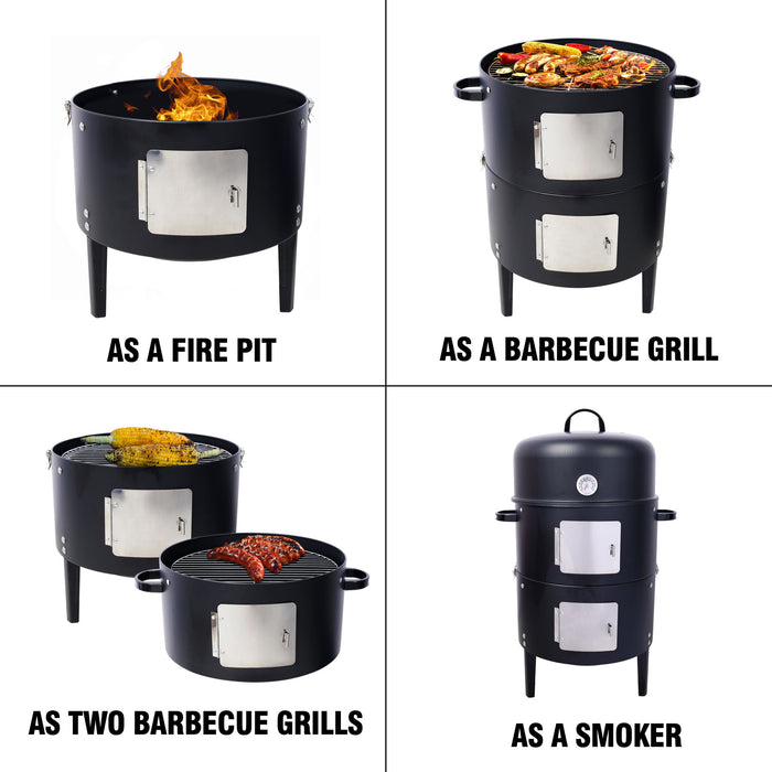 Heavy Duty Round Bbq Grill 17" Steel Charcoal Smoker For Outdoor Cooking - Black