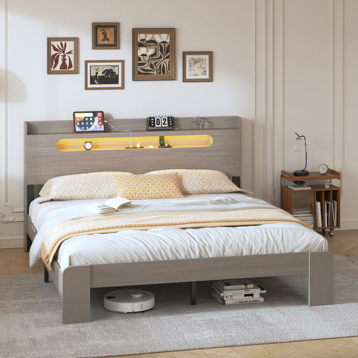 King Size Platform Bed Frame With Storage LED Light Headboard And Usb, Noise Free - Dark Gray