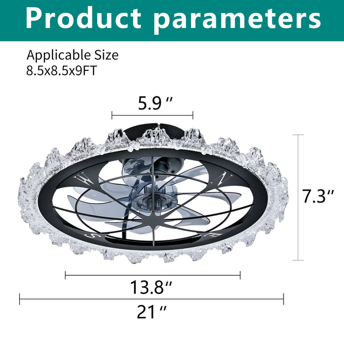 Caged Ceiling Fan With Remote Controlled Dimmable LED Lights, Flush Mount Fan, Low Profile Design - Matte Black