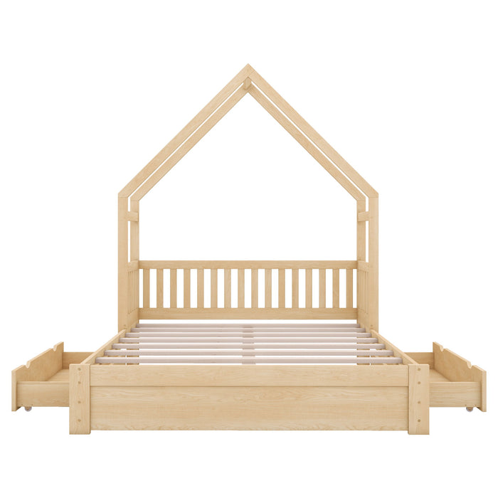 House Style Platform Bed With Guardrail And 2 Drawers