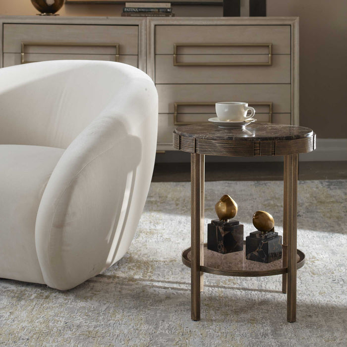 Cusano - Round Dark Marble Accent Table - Brass / Brown