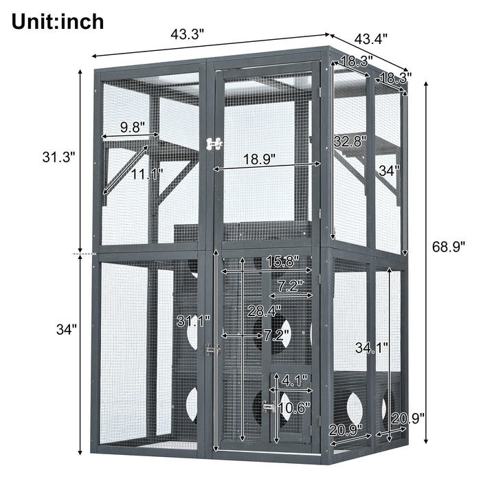 Outdoor Cat House With Shelves And Weather Protection, Removable Wood Boxes - Gray