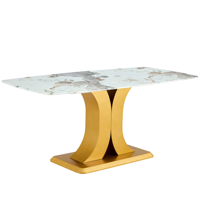 Modern Minimalist Dining Table With Imitation Marbled Glass Top And Legs For Kitchen And Living Room - Gold