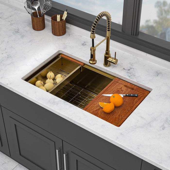 Gold Undermount Kitchen Sink 30" X 19" X 10" Stainless Steel 16 Gauge Deep Single Bowl With Workstation Ledges