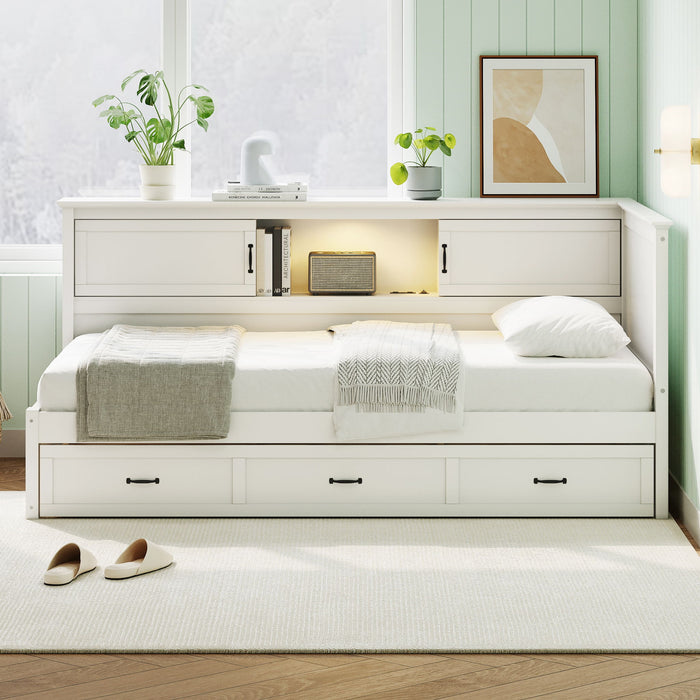 Twin Size L - Shaped Captain Bed With Drawer And Bookcase, LED Downlight And USB Charging Station - White