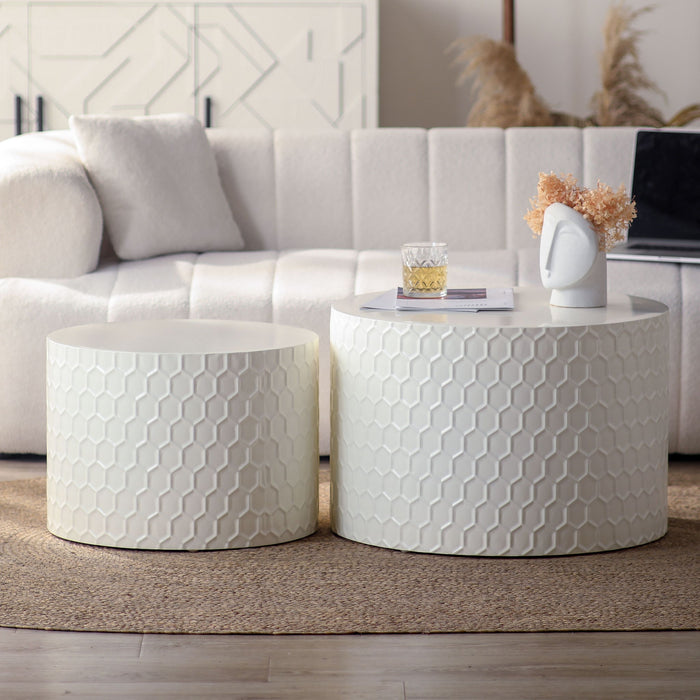 Minimalist Honeycomb Nesting Coffee Table Set, Round Drum Circle Table (Set of 2) - Beige