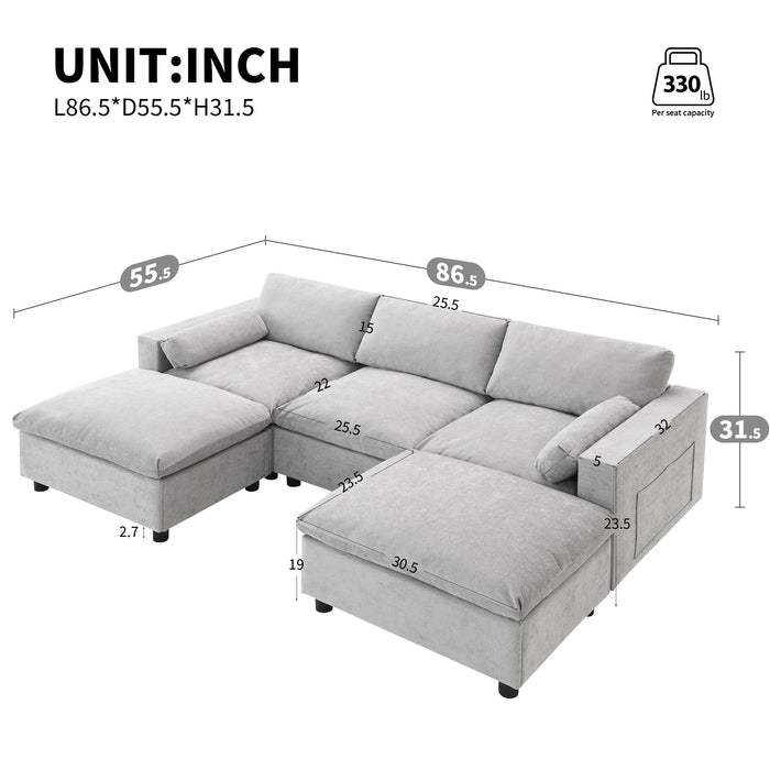 Modular Sectional With Storage Pockets, 5 Seat U Shaped Couch Set With Pillows, Free Combination Modern Cloud Sofa With 2 Movable Ottoman
