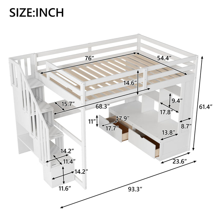 Full Size Loft Bed With Desk And Shelves, 2 Built In Drawers, Storage Staircase - White