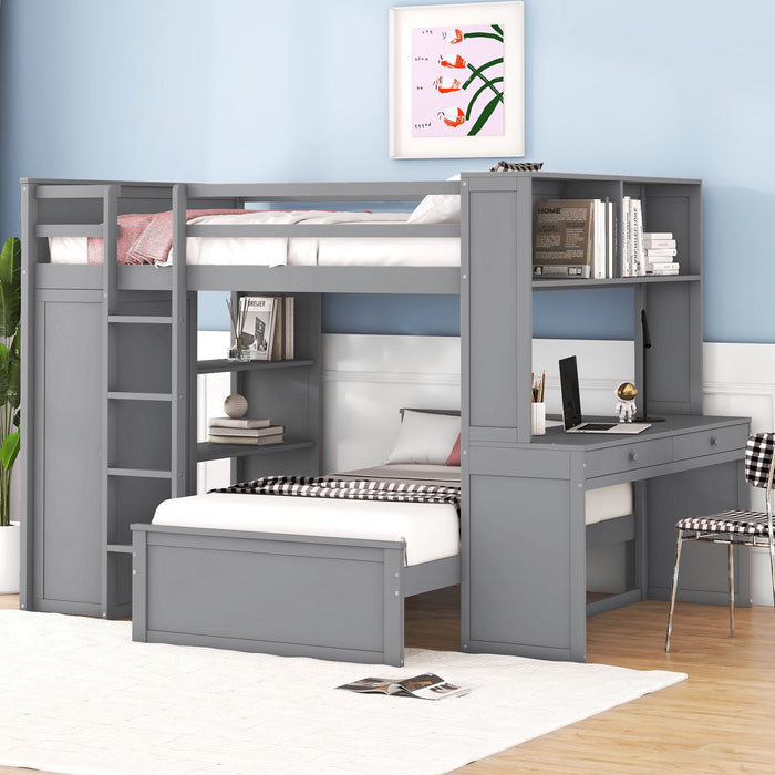 Loft Bed With A Twin Size Standalone Bed, Shelves, Desk, And Wardrobe