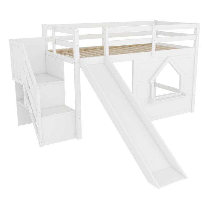 Loft Bed With Storage Stairs, Slide, Playhouse Window And 7 Colors LED Lights