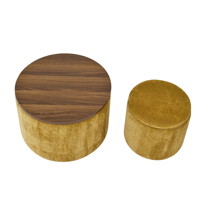 Classic 2 Piece Round Storage Ottoman Set With Drum Shaped Stool