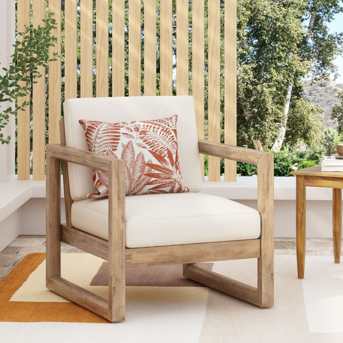Outdoor Acacia Wood Patio Club Chair, Wood Patio Furniture, Waterproof Thick Cushion Deep Seating For Porch - Brown Wash / Beige