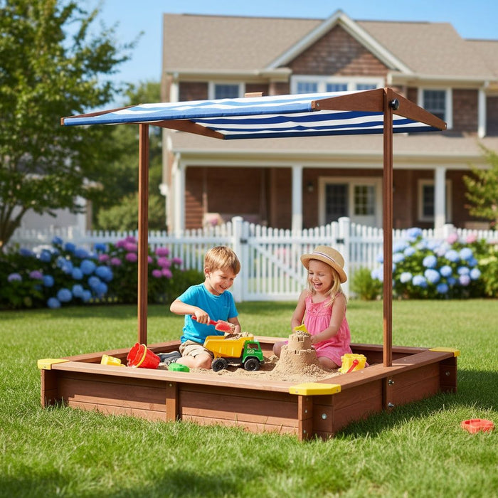 Kids Sandbox With Cover, Sand Box With Adjustable Canopy, Large Outdoor Cedar Sandpit For Backyard Play - Reddish Brown