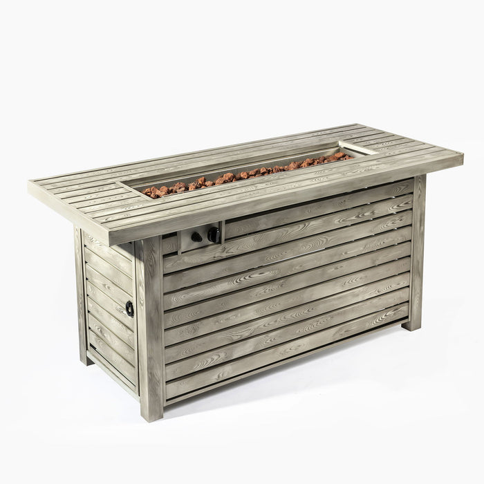 54" Propane Gas Fire Pit Table, 50000 Btu Rectangular Steel Fire Pit With Imitation Wood Grain For Outside Patio Deck Garden Courtyard - Light Beige