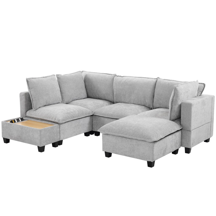 U-Shaped Sectional Modular Sofa With A Movable Ottoman, A Coffee Table With Hidden Charging Devices For Living Room