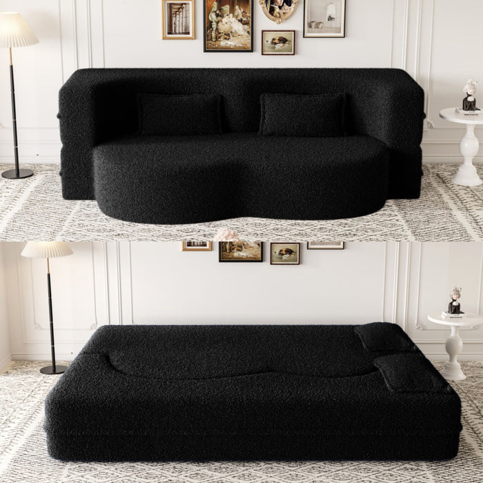 Modern Floor Sofa, With 2 Pillows, Convertible Teddy Fabric Foam Filled Bed
