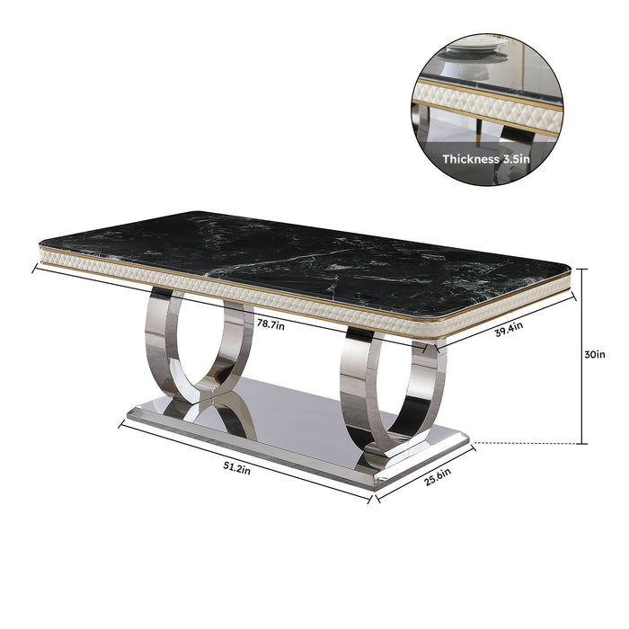Luxury Modern Dining Table With Faux Marble Top And Dual Circle Base - Black