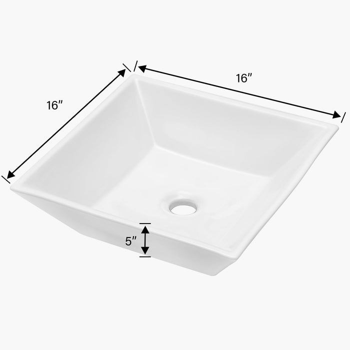 16" 6" Modern European Square Vessel Sink Glossy Porcelain Bathroom Vanity Top Above Counter Ceramic Basin - White