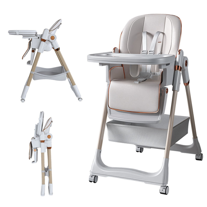Adjustable Baby High Chair 0-6 Years, Portable Infant Feeding Seat With Safety Belt, Silent Lockable Wheels