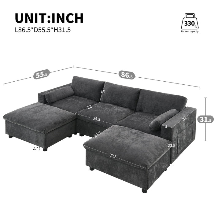 Modular Sectional With Storage Pockets, 5 Seat U Shaped Couch Set With Pillows, Free Combination Modern Cloud Sofa With 2 Movable Ottoman