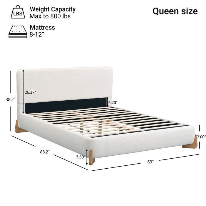 Queen Size Upholstered Bed With 12 Slats Support - White