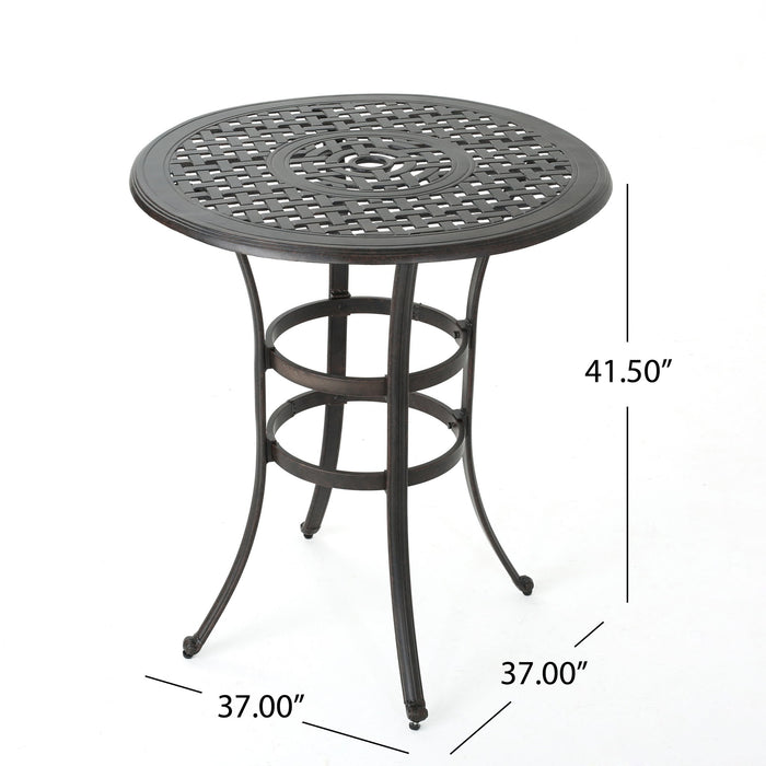 Traditional Style Cast Aluminum Bar Table With Lattice Design And Umbrella Holder - Bronze