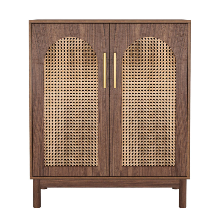 Sideboard Buffet Cabinet With Handwoven Rattan Doors (Set of 2) - Dark Brown