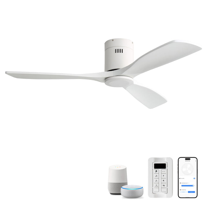 52" Flush Mount Ceiling Fan & Remote, No Light, 3 Blades, 6 Speed DC Motor For Indoor Patio - White