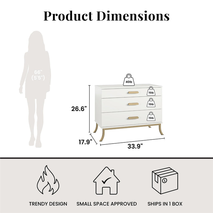 3 Drawer Dresser With Oval Handles - White / Gold