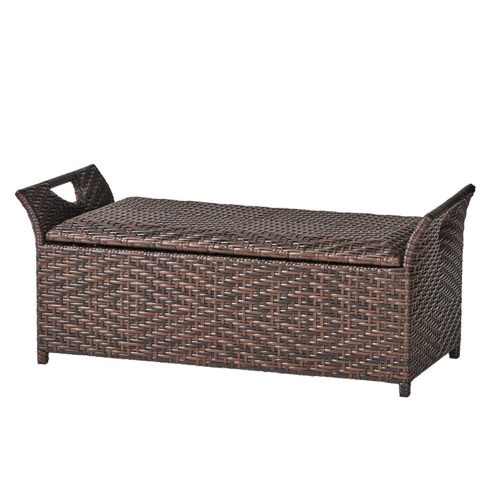 Outdoor Rattan Bench With Flair Arm And Storage - Brown