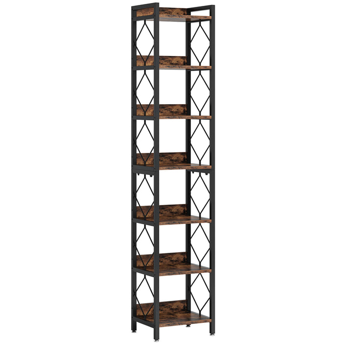 Extra Tall 7 Tier Narrow Corner Bookshelf Storage Display Rack For Living Room - Rustic Brown