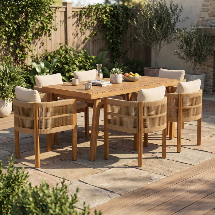 7 Piece Outdoor Dining Set With Table And Chairs - Beige / Brown