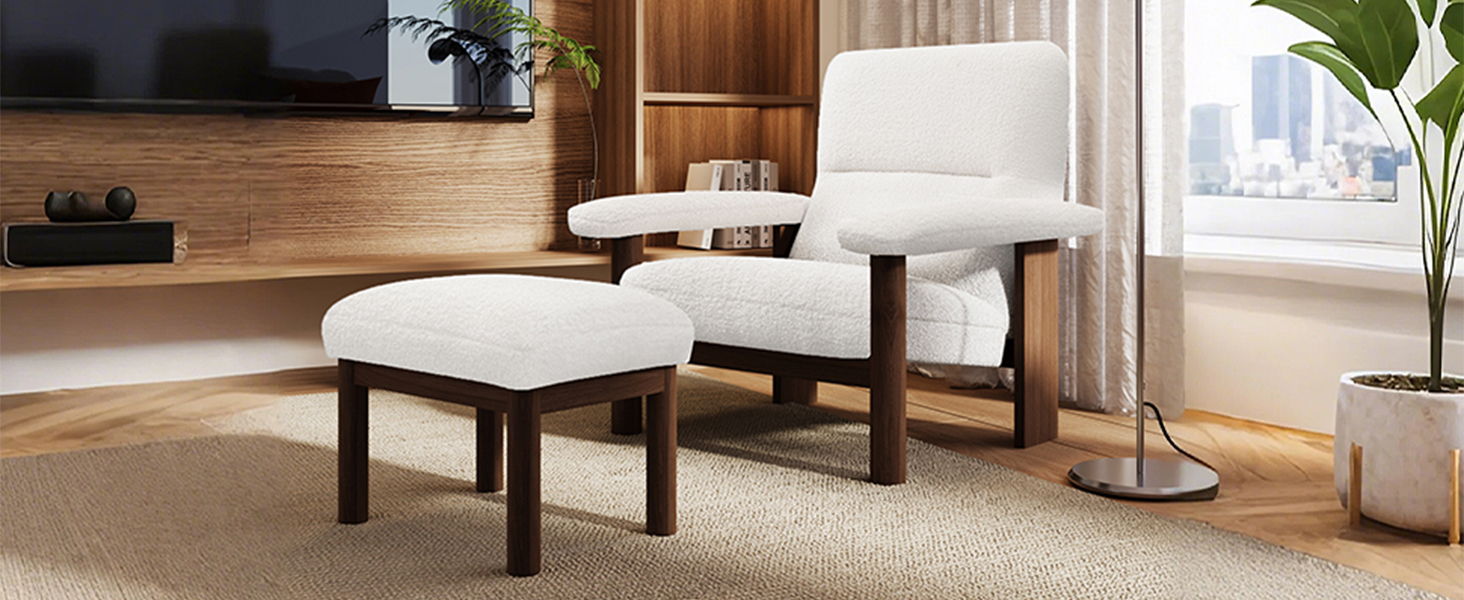 Modern Accent Chair With Ottoman, Mid Century Lounge Chair With Footrest, Comfy Fabric Armchair Upholstered Set With Solid Wood Frame For Living Room - White